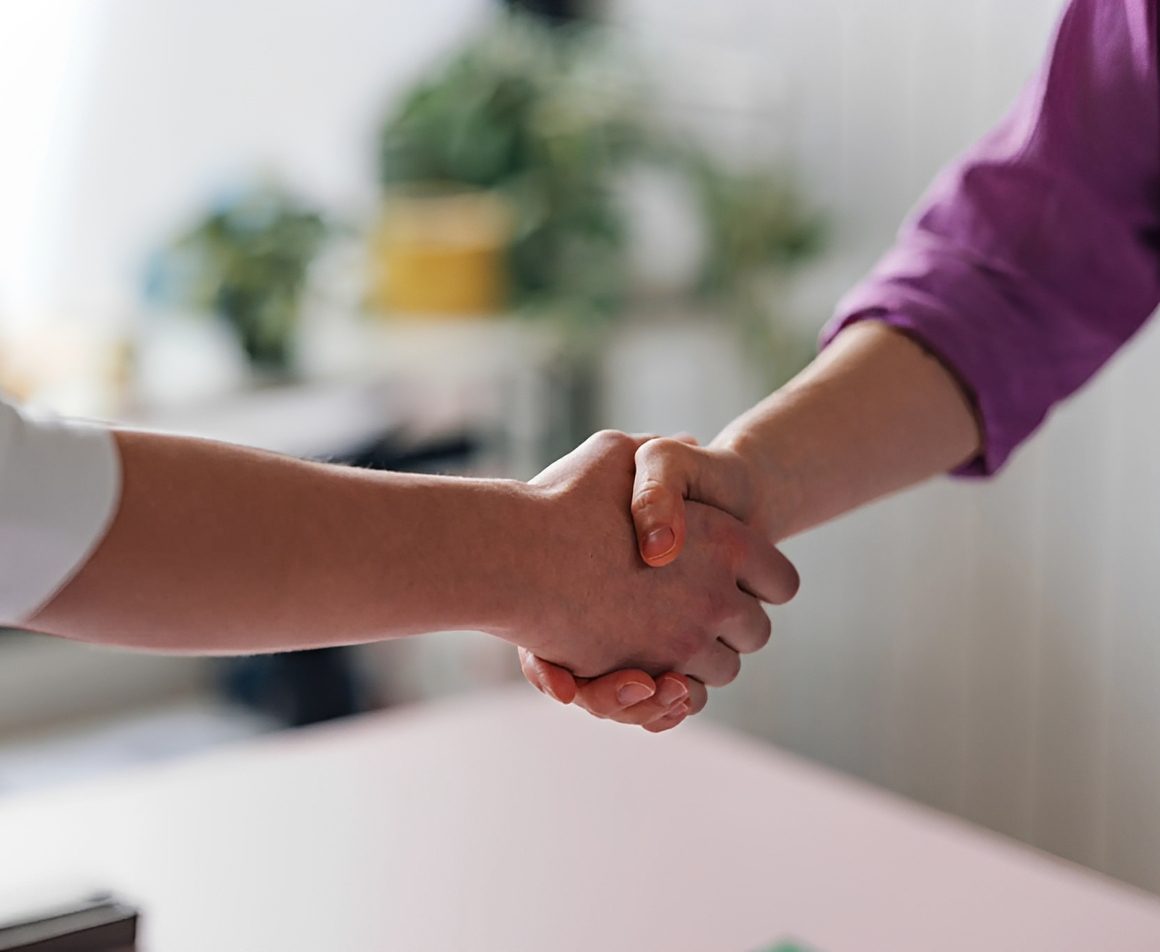 Close-up of two people shaking hands.